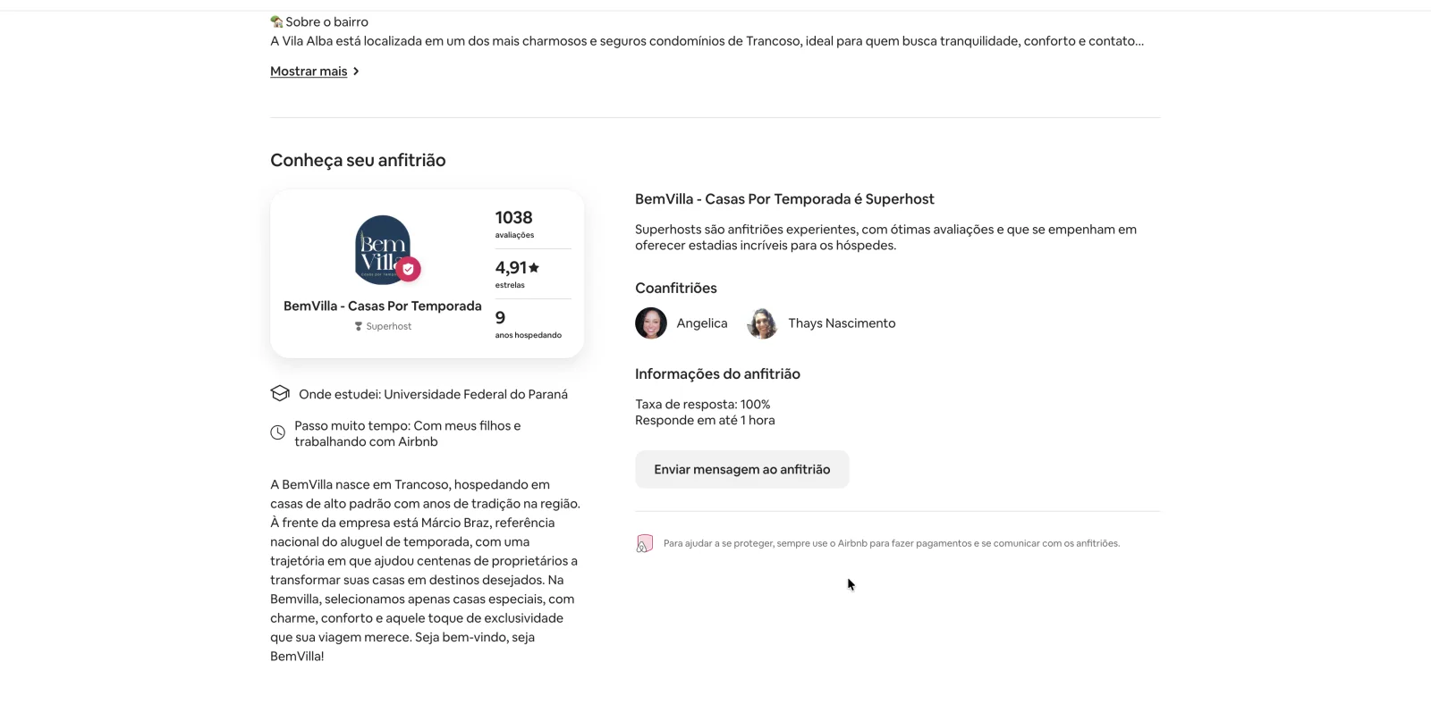 Perfil BemVilla no Airbnb: 1038 avaliações, 4,91 estrelas, Superhost, 9 anos hospedando
