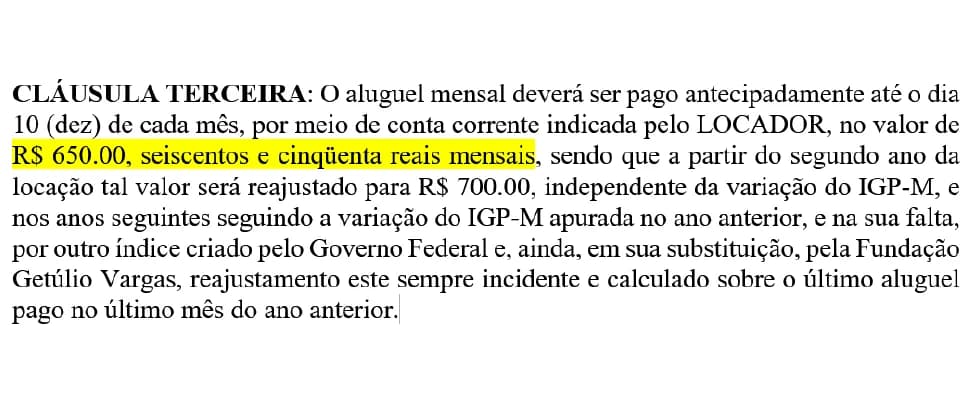 Cláusula terceira do contrato de aluguel: R$650 mensais