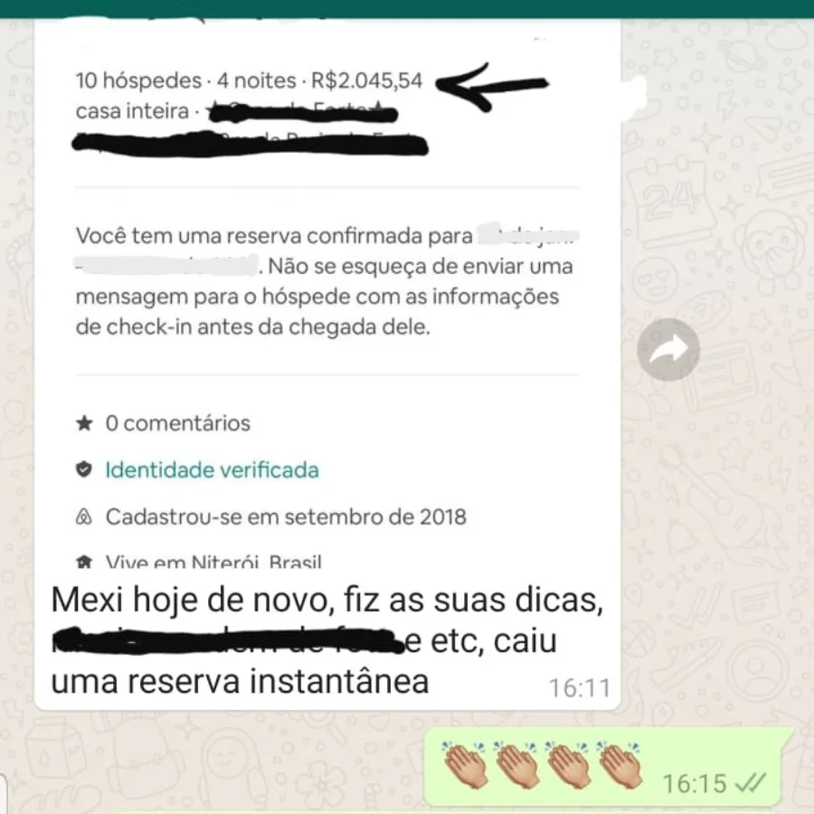 Notificação do Airbnb: reserva confirmada de 10 hóspedes, 4 noites, R$2.045, logo depois de aplicar as dicas